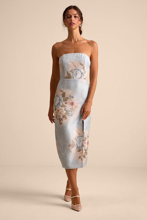 Hargrove Light Blue Floral Jacquard Strapless Midi Dress