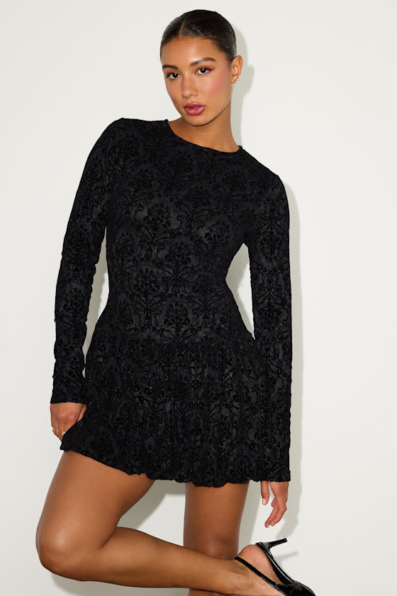 Veranda Black Lace Long Sleeve Drop Waist Mini Dress