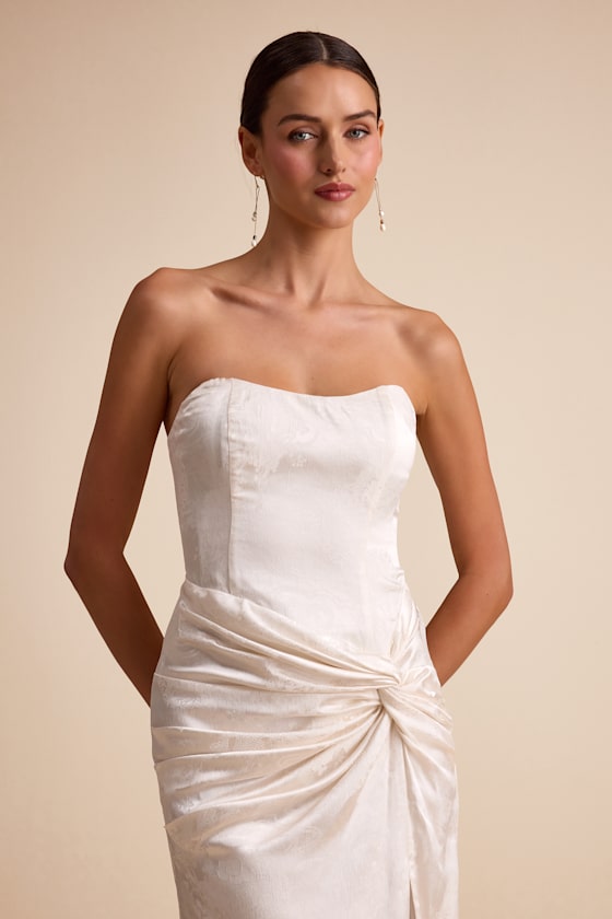 Whitney Ivory Jacquard Strapless Twist-Front Maxi Dress