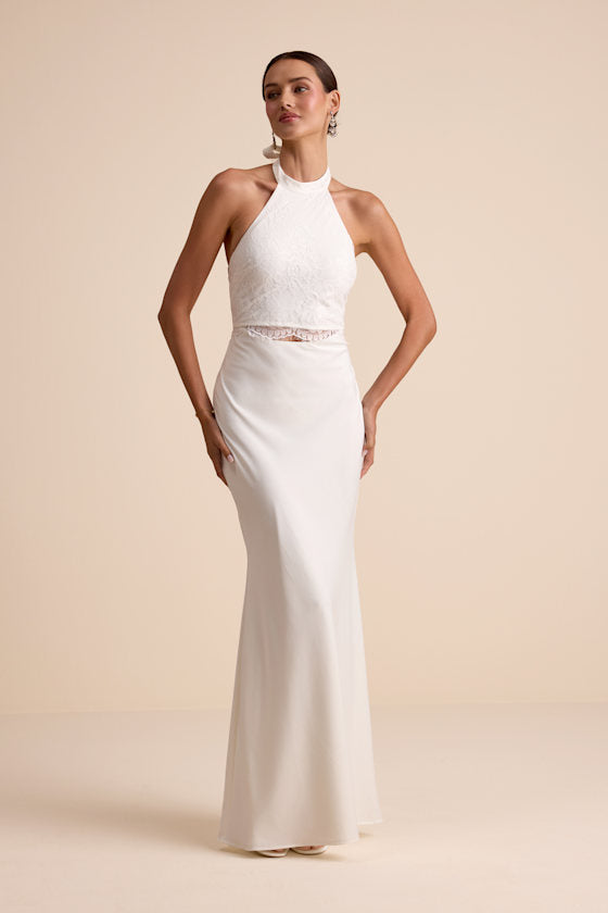 Atenea White Lace Cutout Halter Mermaid Maxi Dress