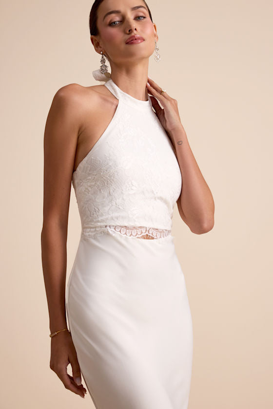 Atenea White Lace Cutout Halter Mermaid Maxi Dress