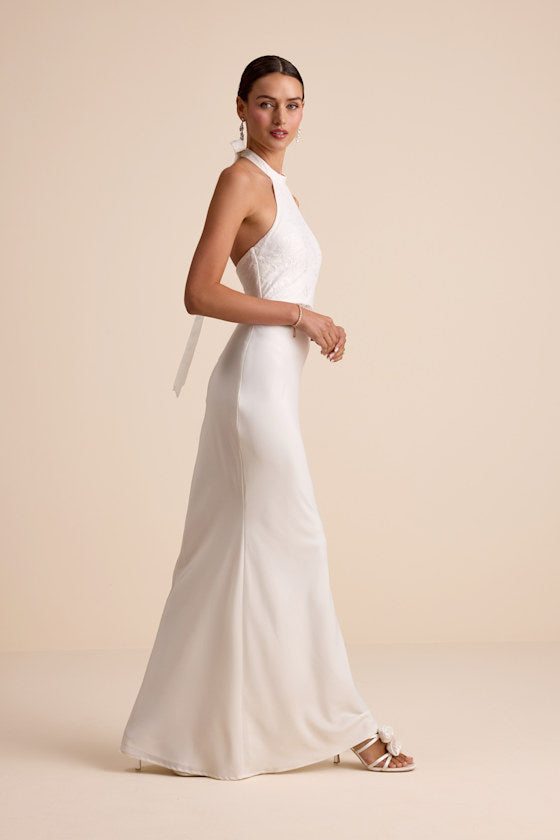 Atenea White Lace Cutout Halter Mermaid Maxi Dress