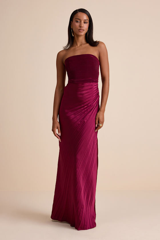 Nyrah Berry Red Satin Pleated Strapless Maxi Dress