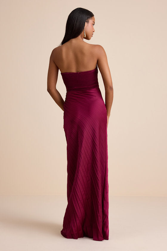 Nyrah Berry Red Satin Pleated Strapless Maxi Dress
