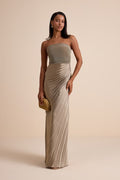 Nyrah Taupe Satin Pleated Strapless Maxi Dress