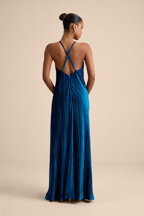 Kauri Dark Teal Blue Velvet Pleated Backless Maxi Dress