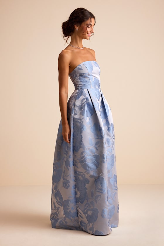 Laurelin Slate Blue Floral Jacquard Pleated Strapless Maxi Dress