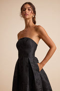 Laurelin Black Floral Jacquard Pleated Strapless Maxi Dress