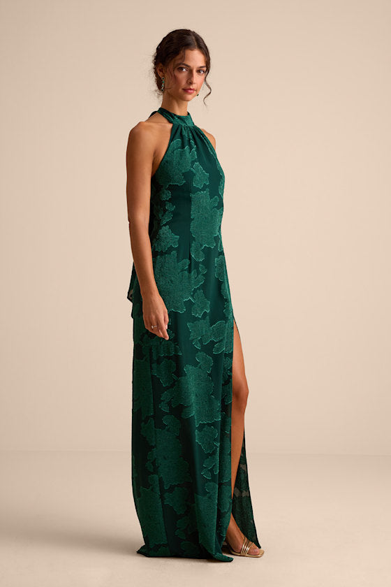 Mikani Dark Green Burnout Halter Maxi Dress