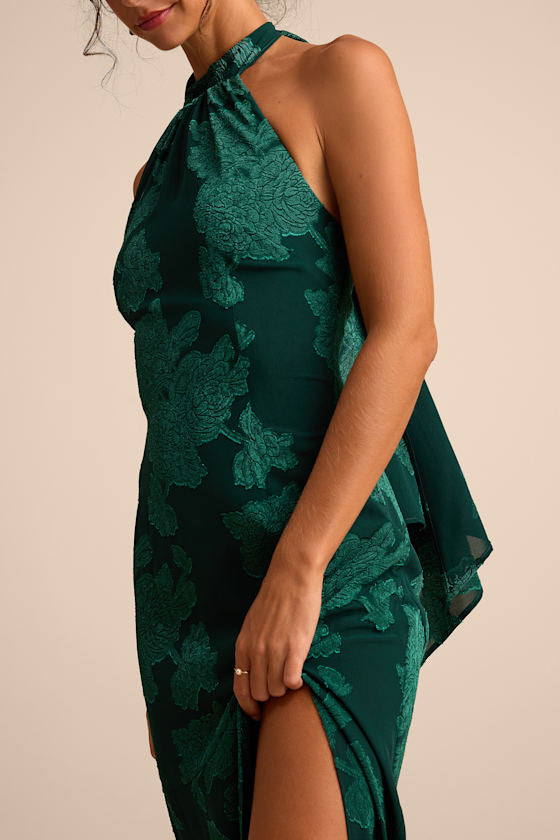 Mikani Dark Green Burnout Halter Maxi Dress