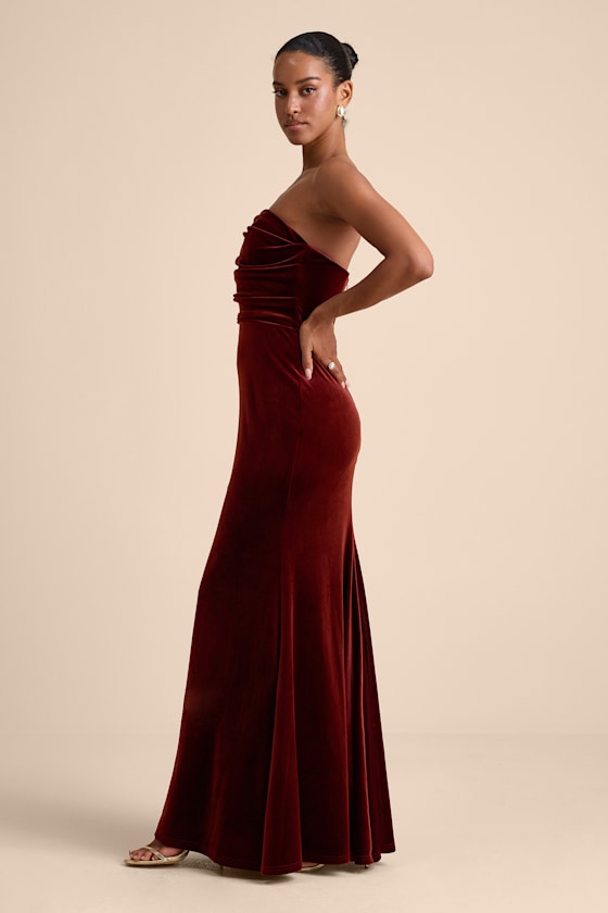 Maren Rust Velvet Strapless Mermaid Maxi Dress