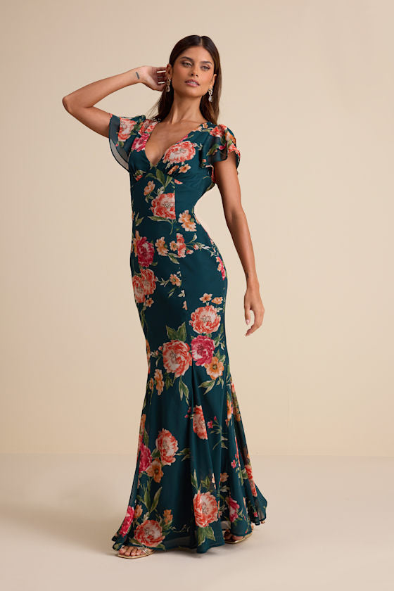 Resme Emerald Floral Flutter Sleeve Mermaid Maxi Dress