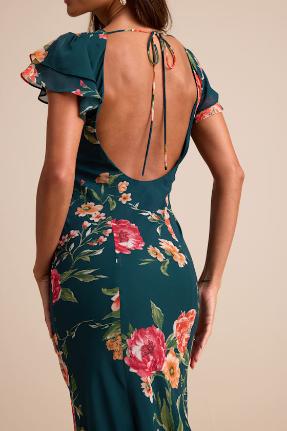 Resme Emerald Floral Flutter Sleeve Mermaid Maxi Dress