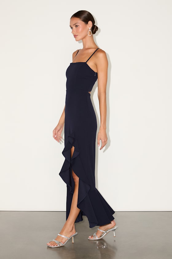 Iveta Navy Cutout Ruffled Sleeveless Midi Dress