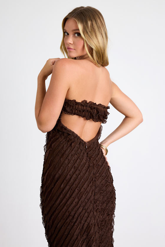Faelyn Brown Strapless Ruffled Midi Dress