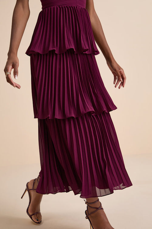 Seriously Sensational Plum Strapless Tiered Midi Dress