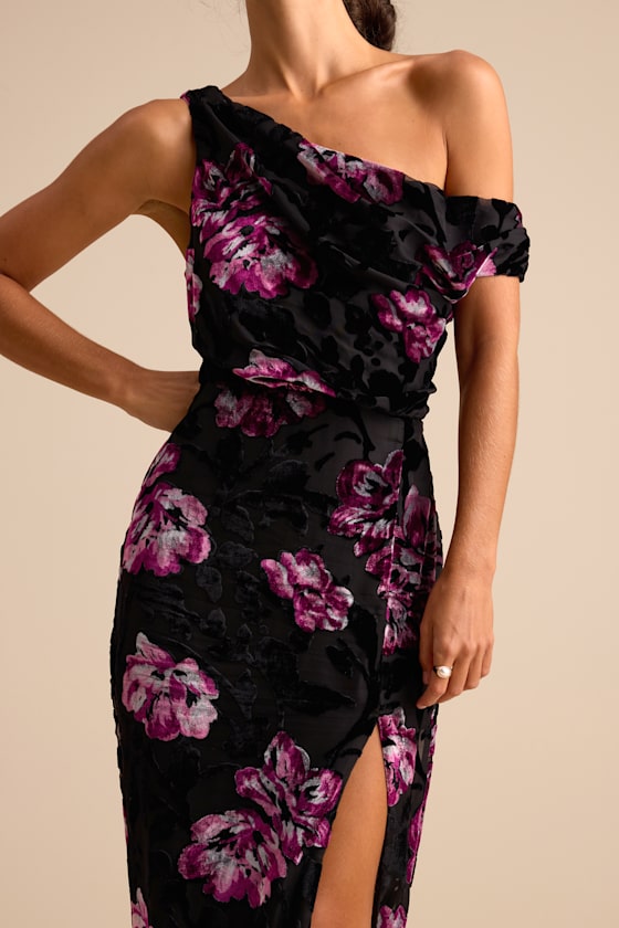 Marnella Black Floral Velvet Burnout Asymmetrical Maxi Dress