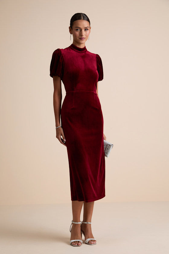 Fabulous Intuition Burgundy Velvet Backless Column Midi Dress