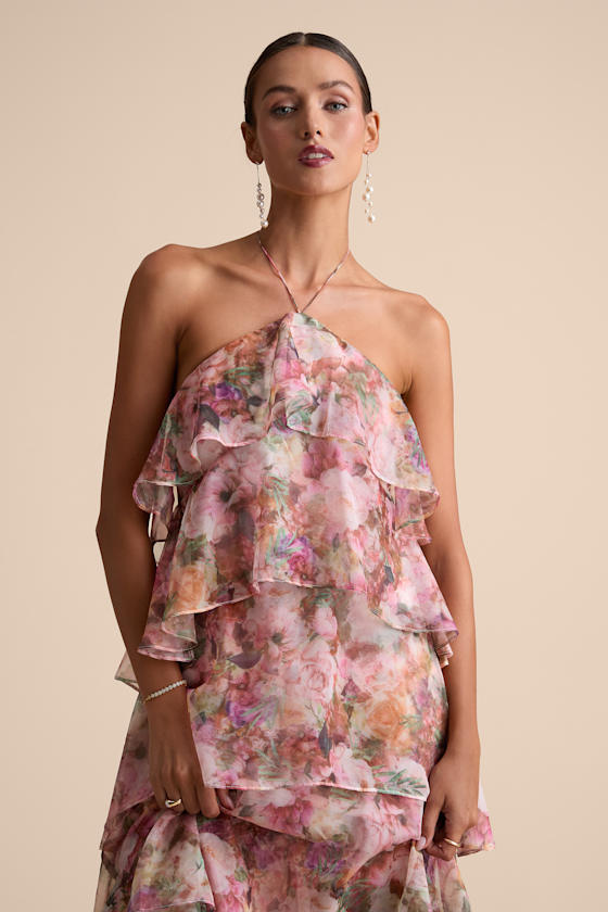 Melody Pink Floral Tiered Halter Maxi Dress