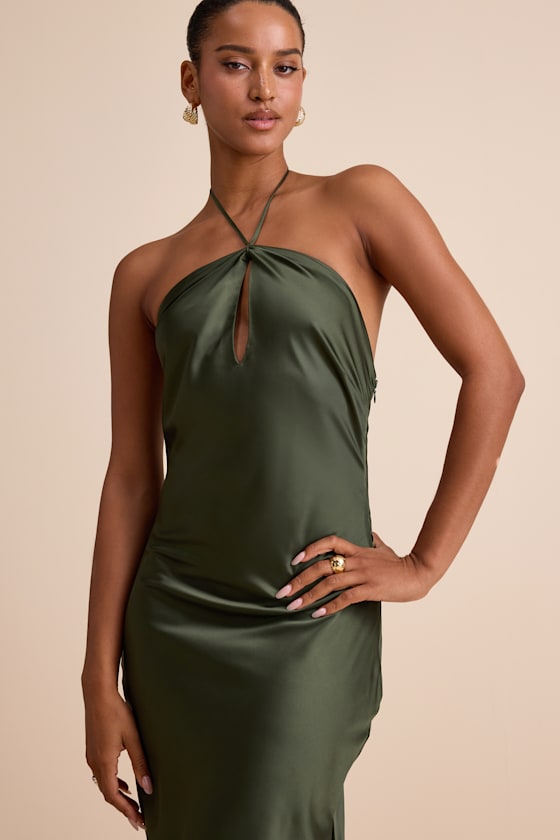 Gracie Olive Green Satin Halter Neck Maxi Dress