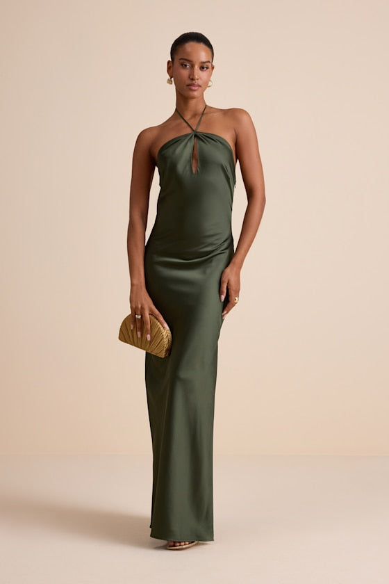 Gracie Olive Green Satin Halter Neck Maxi Dress