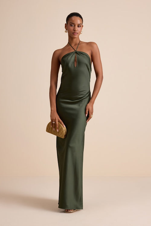 Gracie Olive Green Satin Halter Neck Maxi Dress