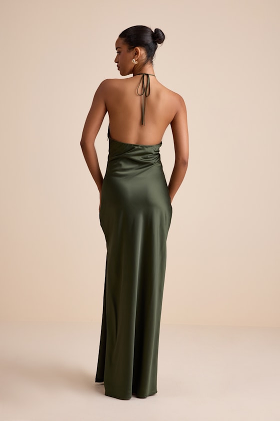 Gracie Olive Green Satin Halter Neck Maxi Dress