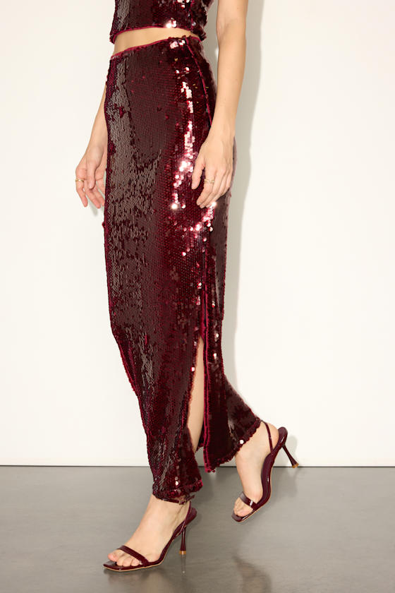 Wren Burgundy Sequin Column Maxi Skirt