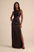 Akasha Black Sheer Lace Mixed-Media Maxi Dress