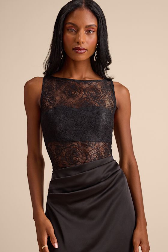 Akasha Black Sheer Lace Mixed-Media Maxi Dress