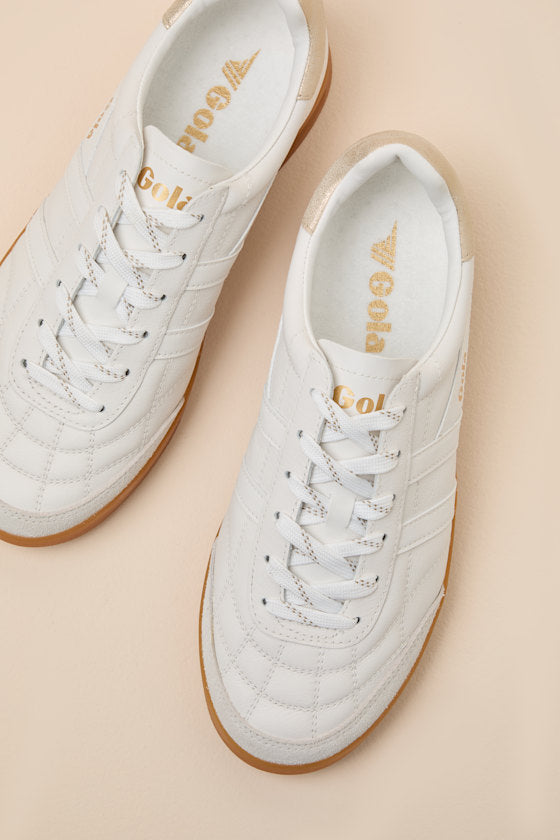 Stadia White and Gold Leather Lace-Up Sneakers