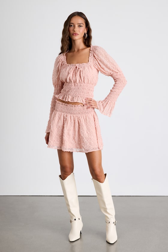 Katima Blush Pink Swiss Dot Textured Long Sleeve Top