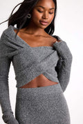Alfina Grey Knit Cross-Front Cropped Sweater Top