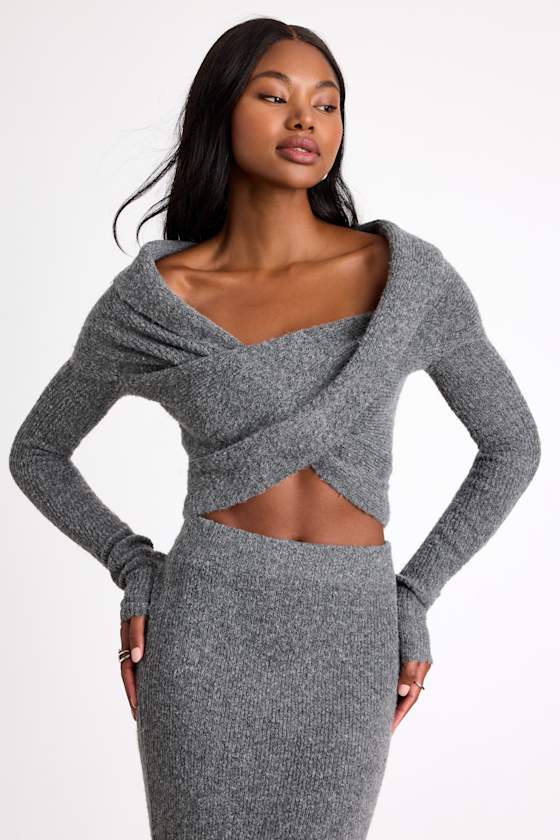 Alfina Grey Knit Cross-Front Cropped Sweater Top