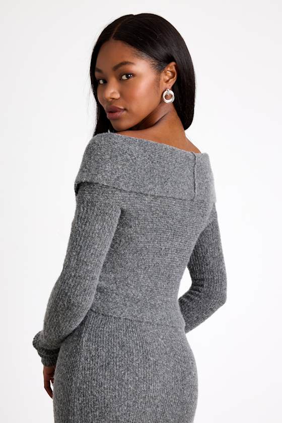 Alfina Grey Knit Cross-Front Cropped Sweater Top