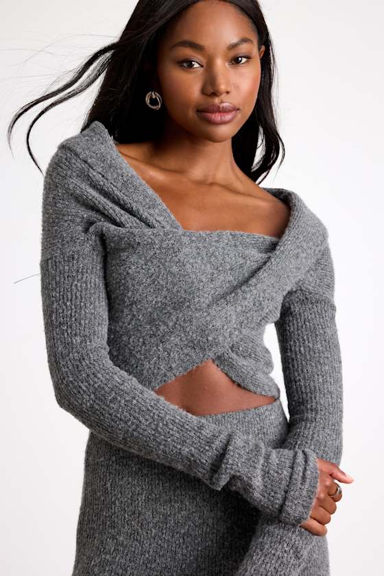 Alfina Grey Knit Cross-Front Cropped Sweater Top