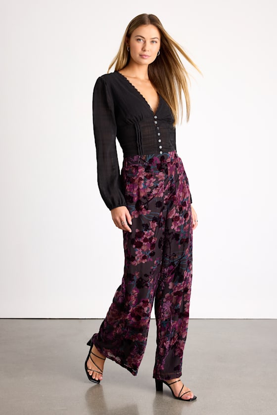 Astley Black Multi Floral Burnout Wide-Leg Pants