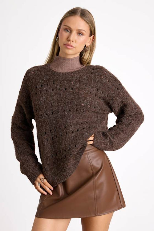 Mariner Brown Marled Pierced Crew Neck Pullover Sweater