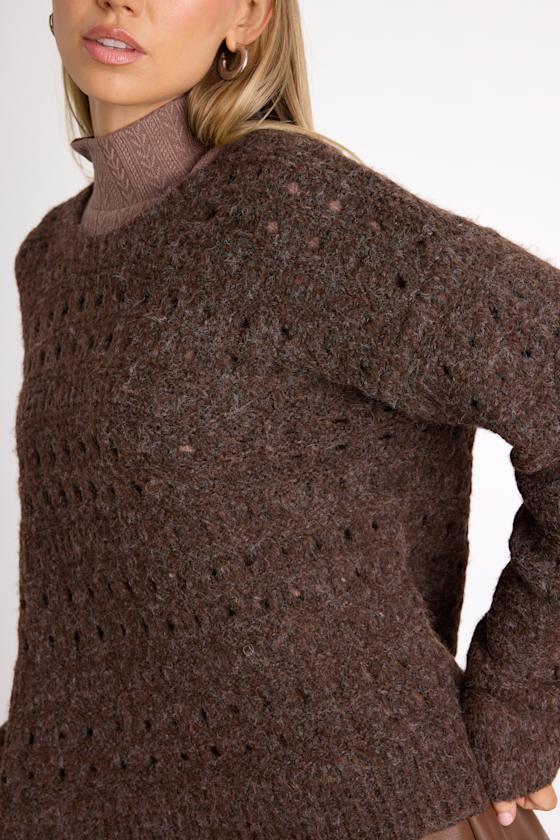Mariner Brown Marled Pierced Crew Neck Pullover Sweater
