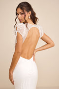Ballina White Mesh Beaded Backless Mermaid Maxi Dress