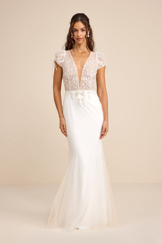 Ballina White Mesh Beaded Backless Mermaid Maxi Dress