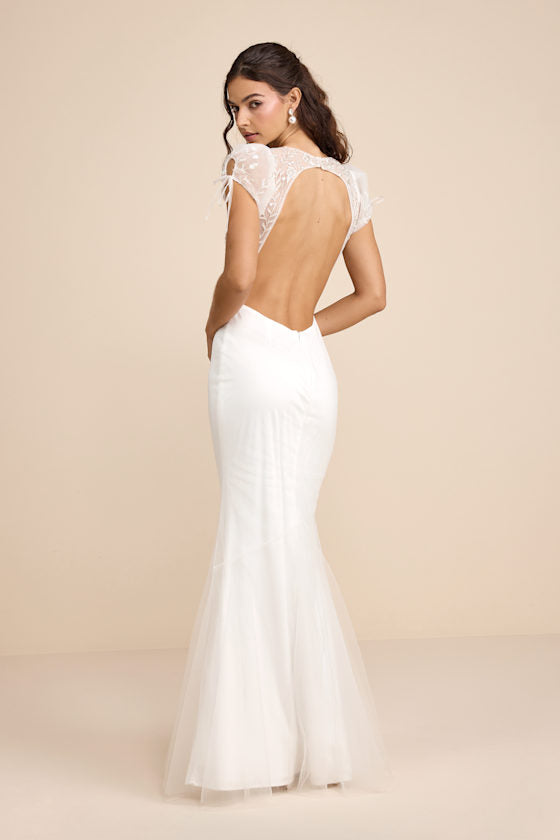 Ballina White Mesh Beaded Backless Mermaid Maxi Dress