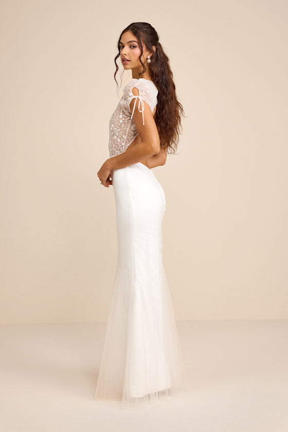 Ballina White Mesh Beaded Backless Mermaid Maxi Dress