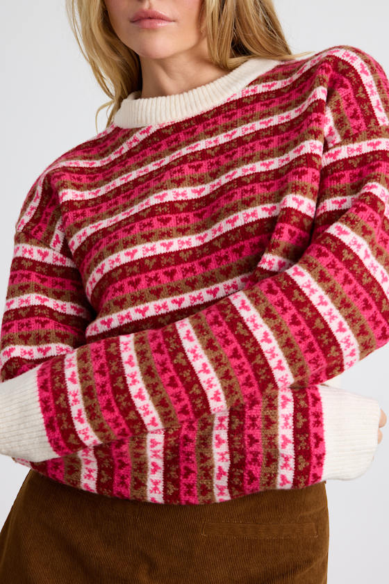 Townes Pink Striped Heart and Bow Cropped Sweater Top
