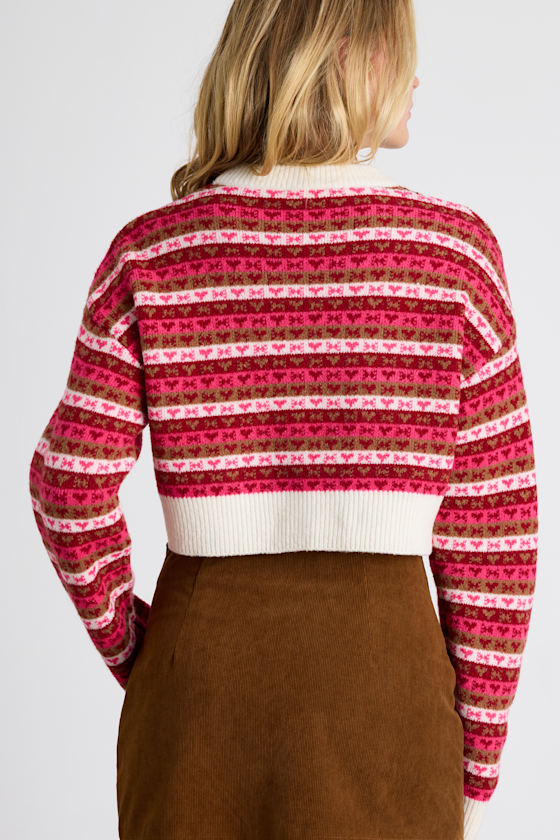Townes Pink Striped Heart and Bow Cropped Sweater Top