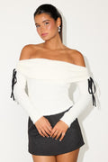 Bellaria White Textured Off-the-Shoulder Bow Sweater Top