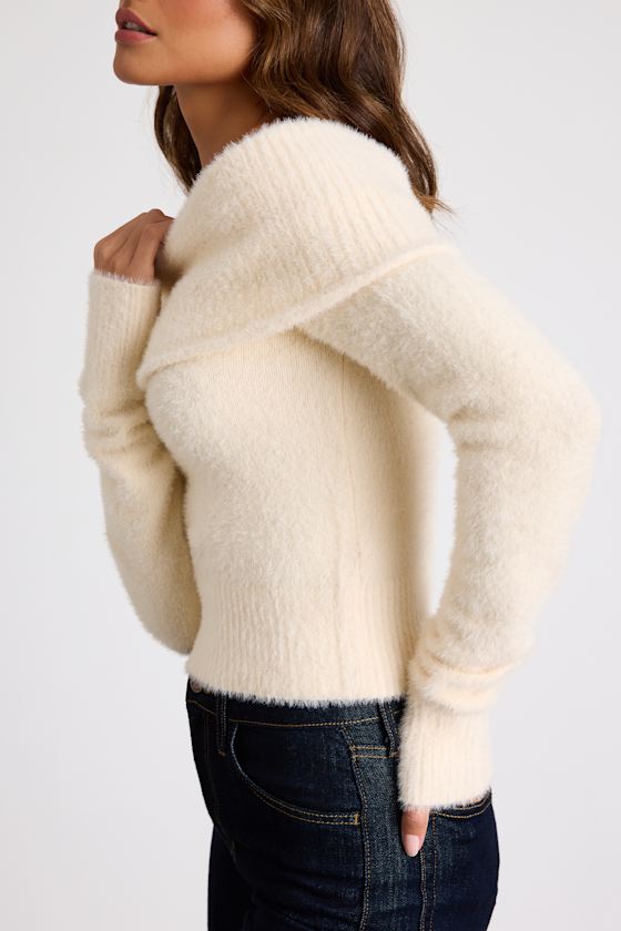 Ravenna Ivory Eyelash Knit Off-the-Shoulder Sweater Top