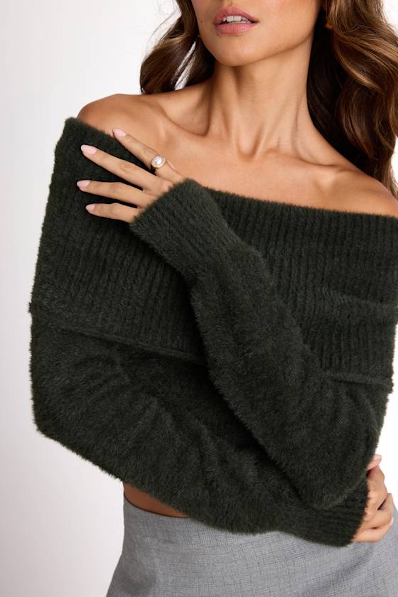 Ravenna Forest Green Eyelash Knit Off-the-Shoulder Sweater Top