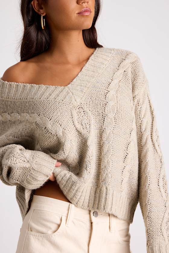 Ewan Light Grey Sequin Cable Knit V-Neck Sweater