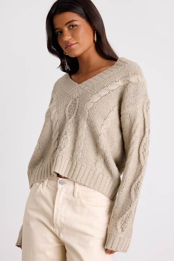 Ewan Light Grey Sequin Cable Knit V-Neck Sweater